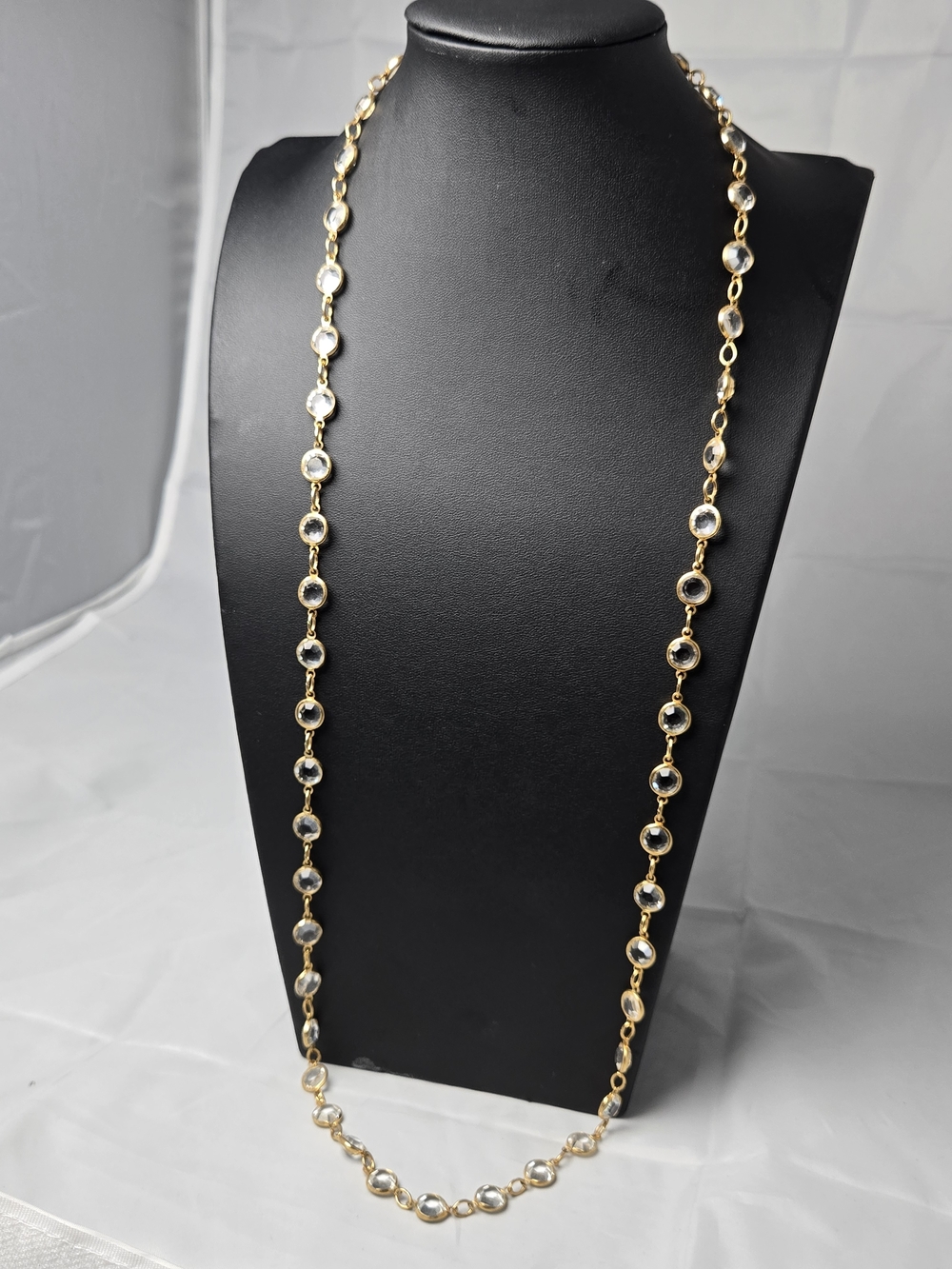 Vintage 1928 Jewelry Gold Tone Austrian Crystal Bezel Set Station Necklace 32"